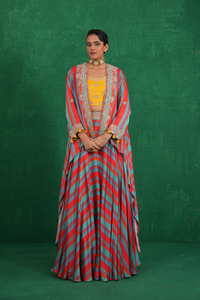 Turquoise red stripe lehenga set