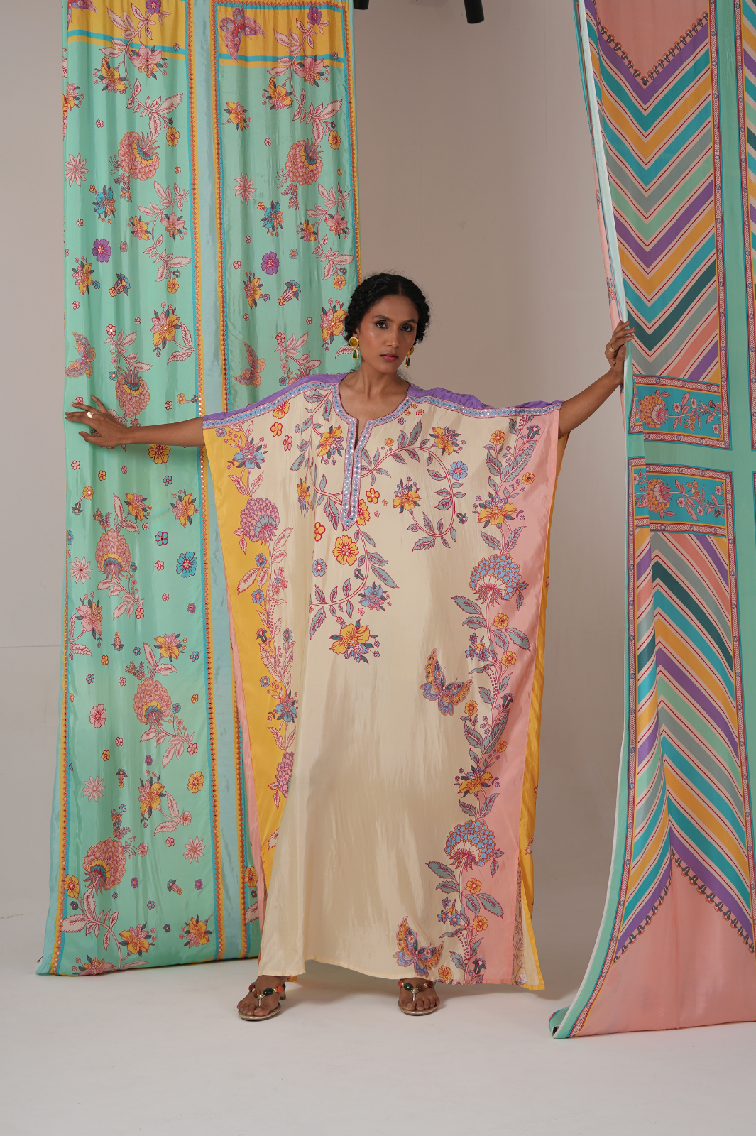 Ivory/yellow butterfly kaftan