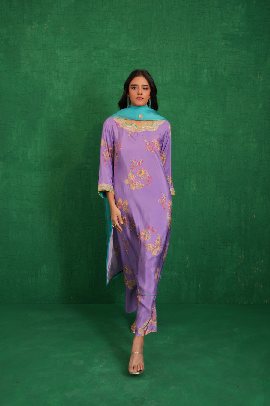 Purple printed embroidered buta jaal kurta set
