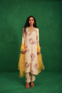 Ivory printed embroidered buta jaal kurta set