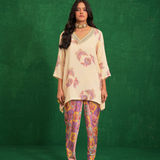 Ivory printed embriodery buta jaal short kurta set