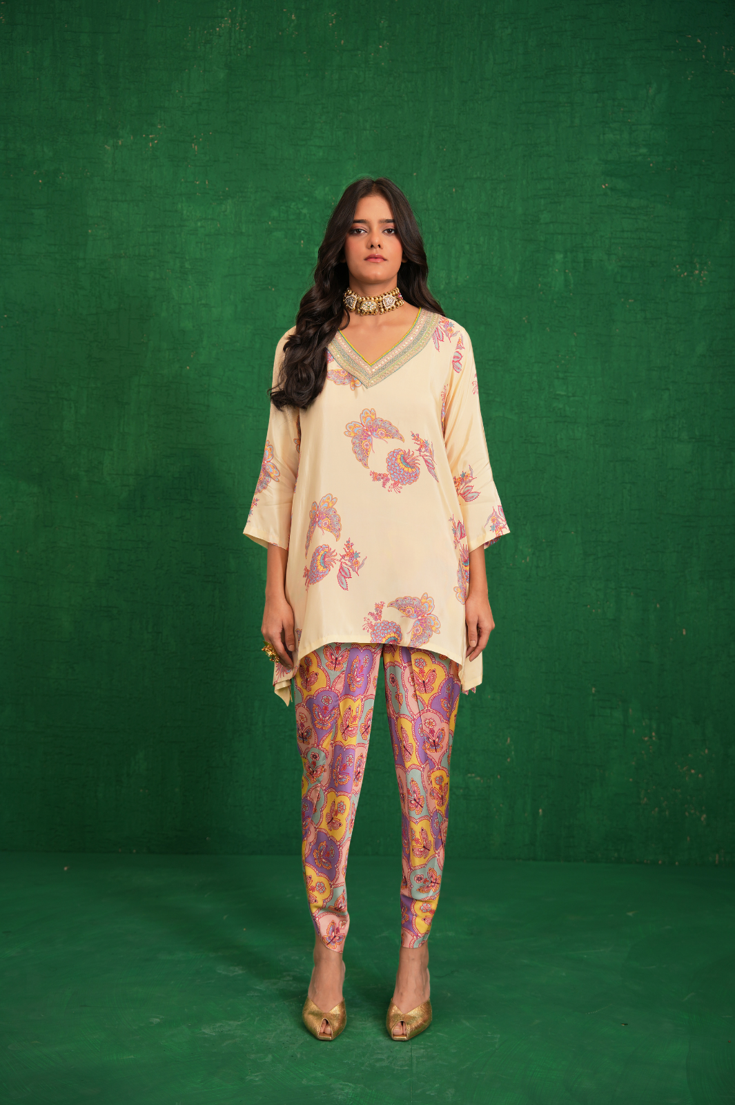 Ivory printed embriodery buta jaal short kurta set