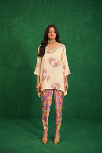 Ivory printed embriodery buta jaal short kurta set