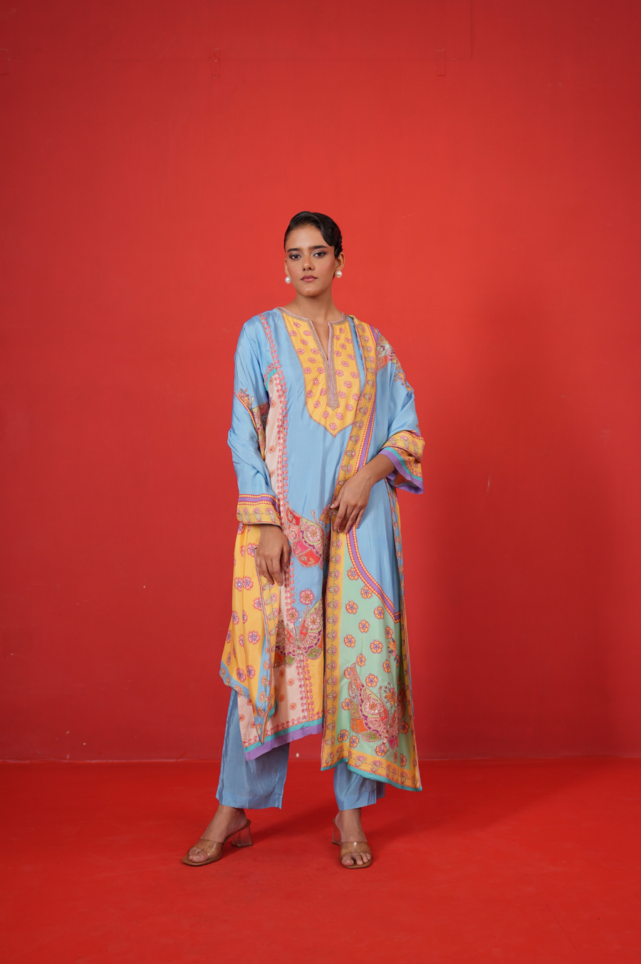 Blue multi panel kurta set