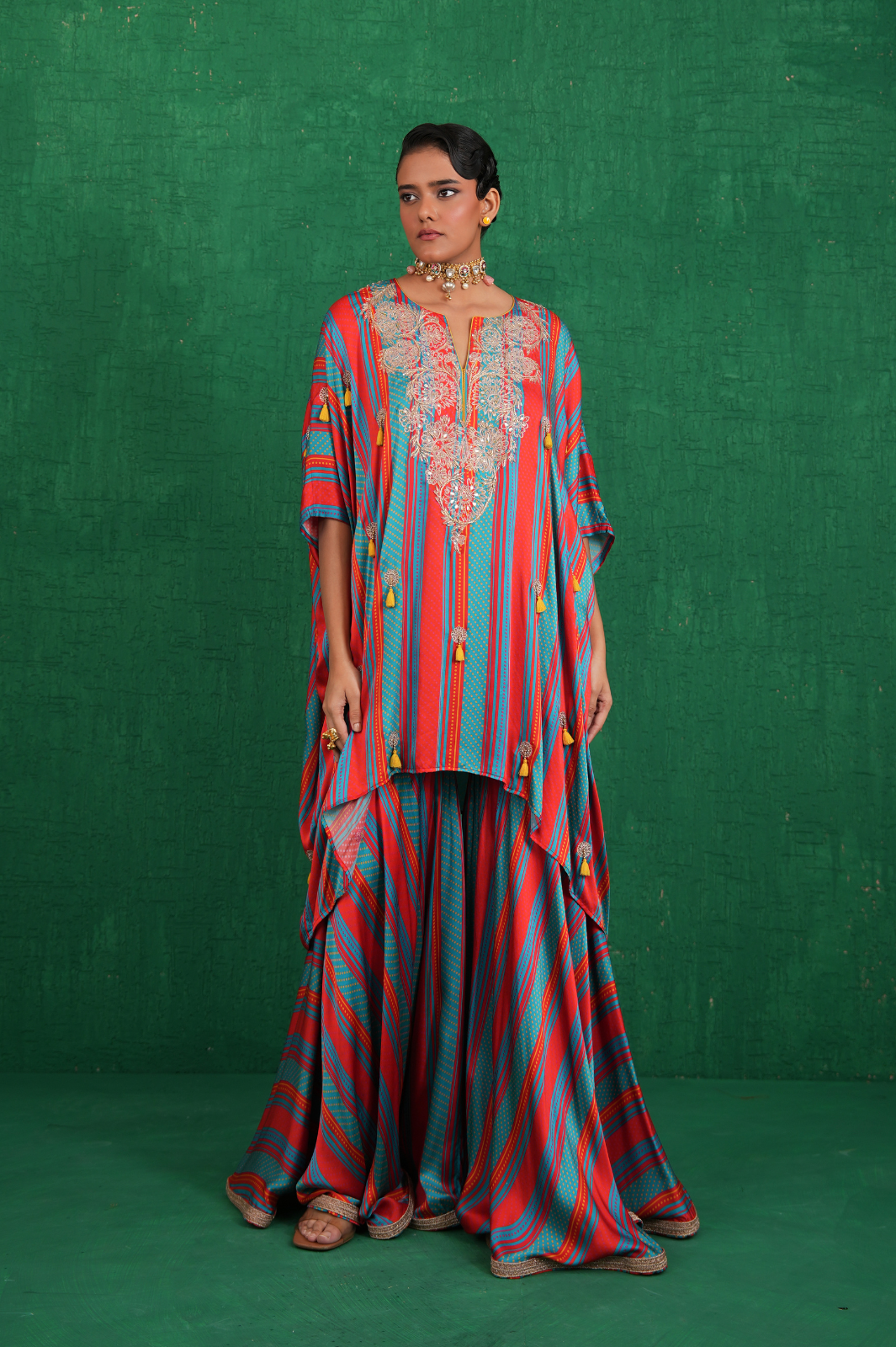 Turquoise red stripe poncho set
