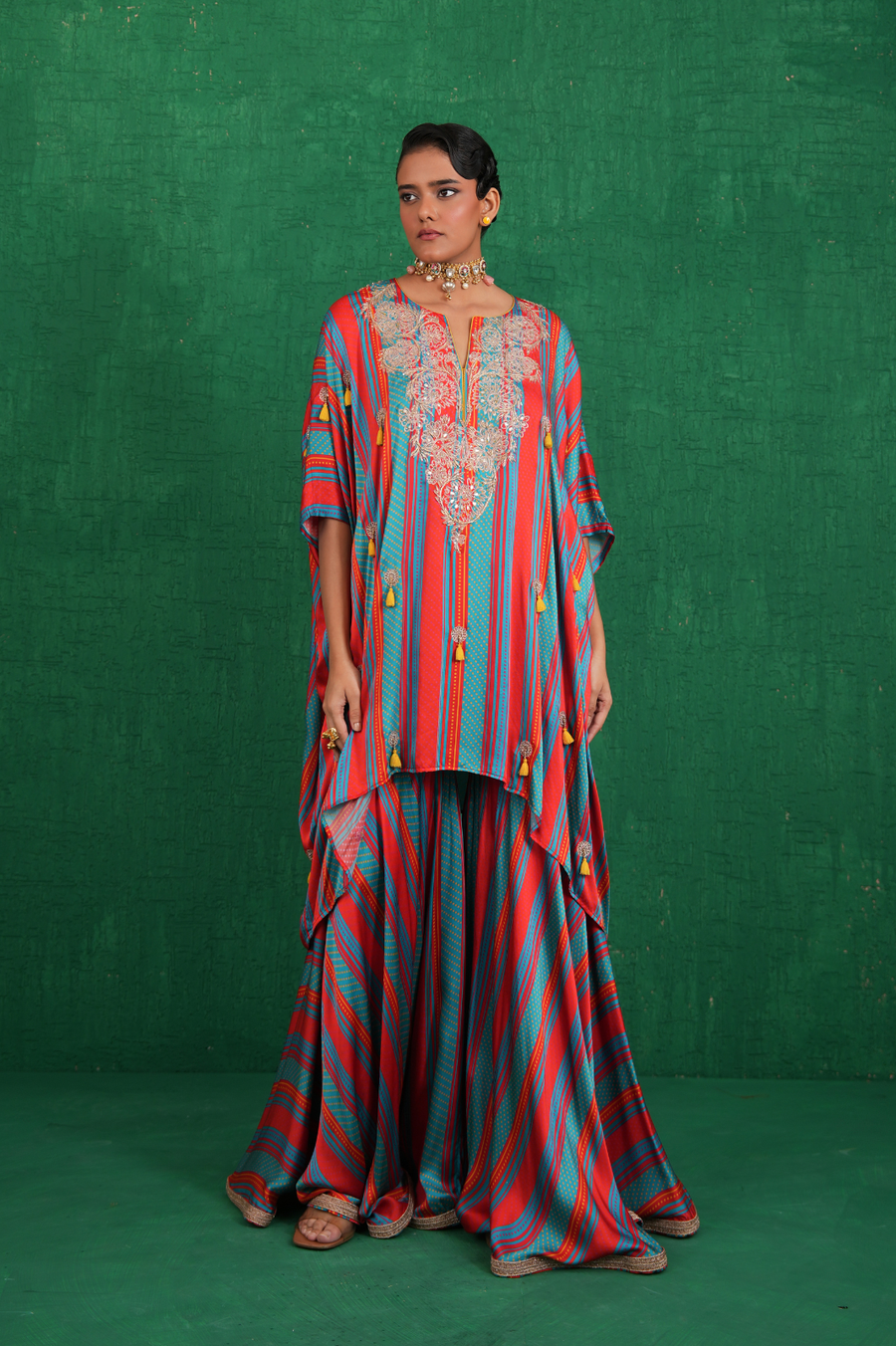 Turquoise red stripe poncho set