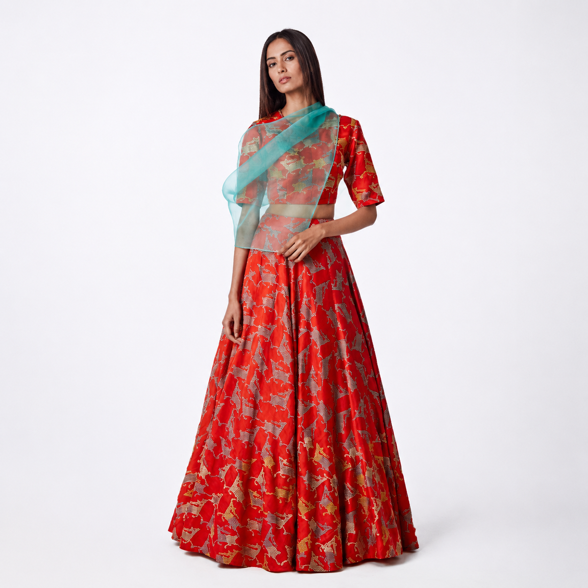 Bundi Printed Embrodiered Deer Zaal Lehenga Set