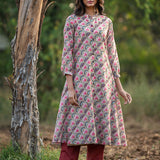 Printed Diagonal Beige Chanderi flared Kurta