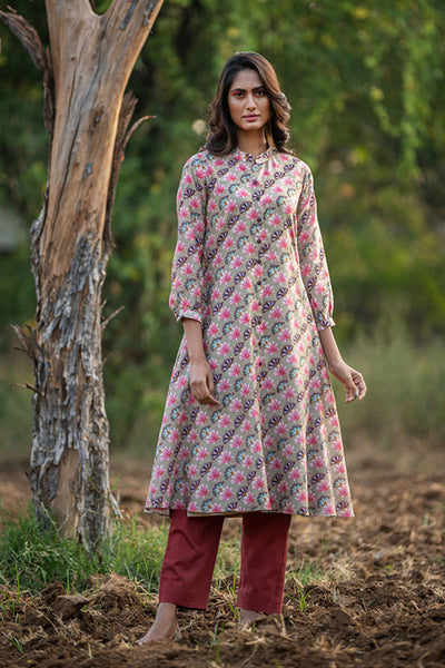 Printed Diagonal Beige Chanderi flared Kurta