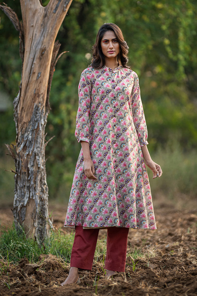 Printed Diagonal Beige Chanderi flared Kurta
