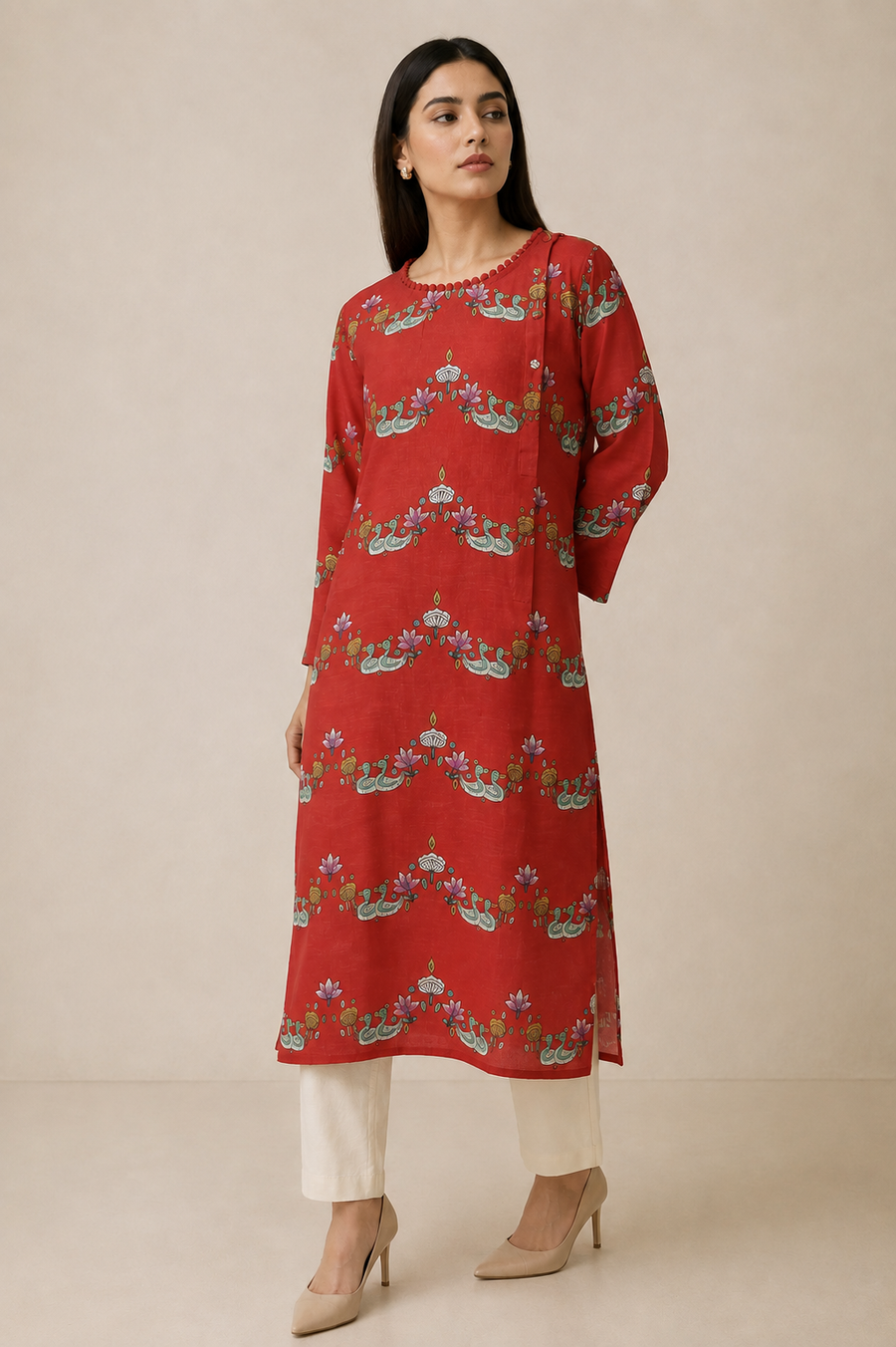 Bundi Red Scallop Printed Kurta
