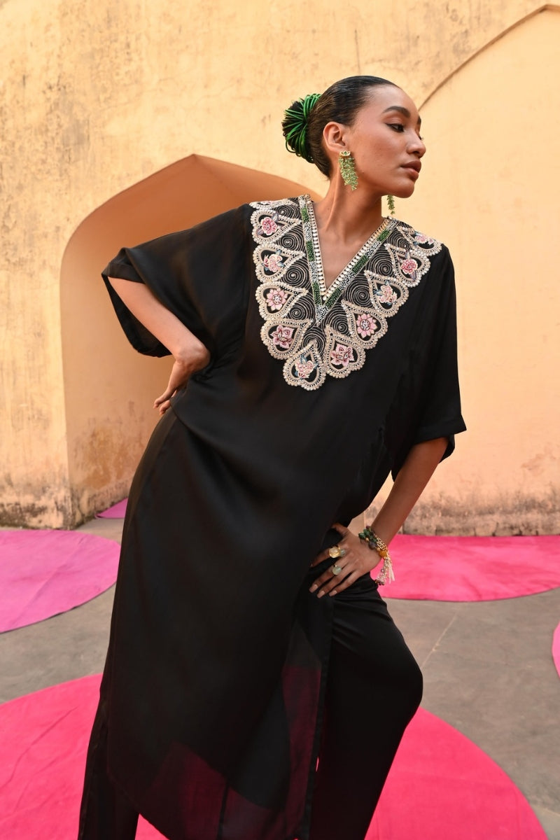 Black Embroidered Chintz Chameli Kaftan Set