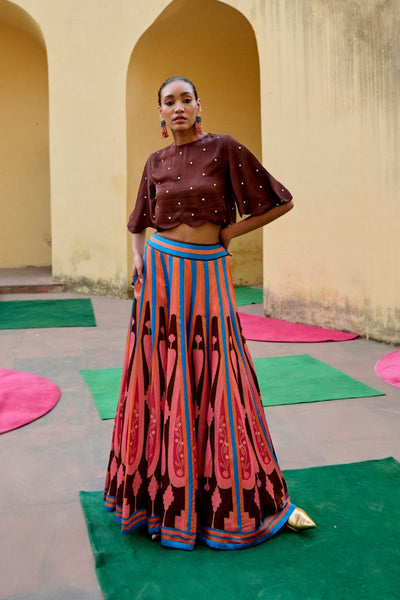 Brown Pink Printed Kilim Lehenga Set