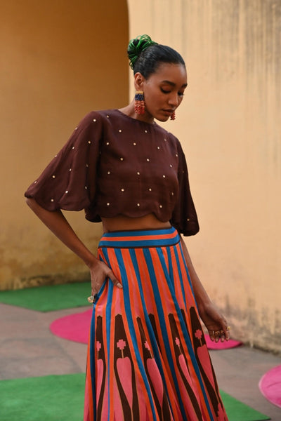 Brown Pink Printed Kilim Lehenga Set