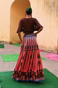 Brown Pink Printed Kilim Lehenga Set