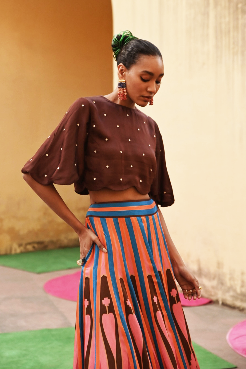 Brown Pink Printed Kilim Lehenga Set