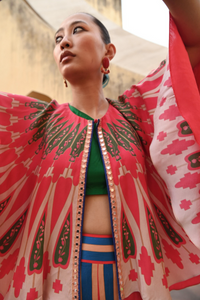 Ivory Red Printed Kilim Lehenga Set