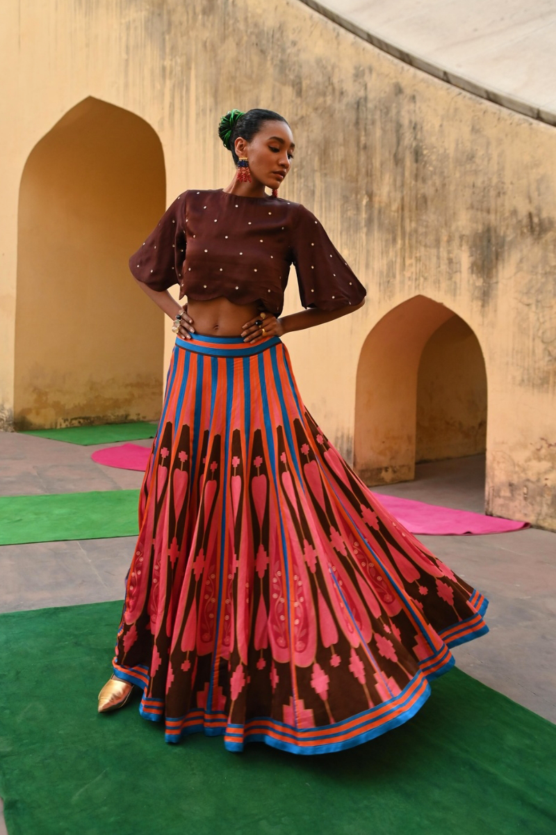 Brown Pink Printed Kilim Lehenga Set