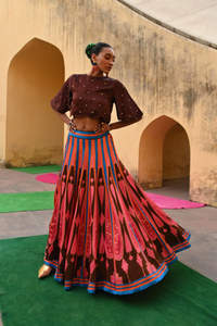 Brown Pink Printed Kilim Lehenga Set