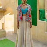 Ivory & Aqua Printed Embroidered Chintz Skirt Set