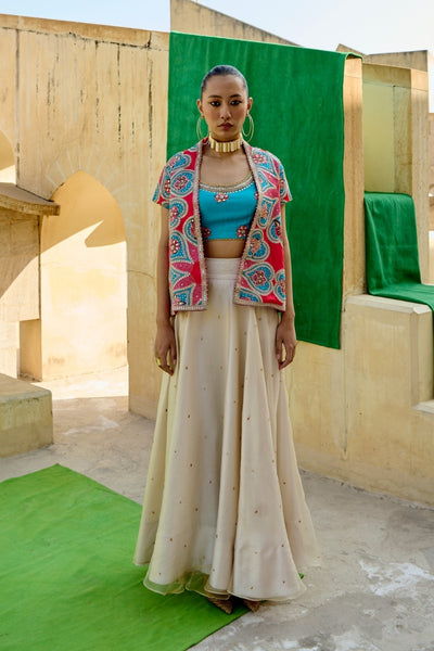 IVORY/AQUA PRINTED EMBRODIERED CHINTZ SKIRT SET
