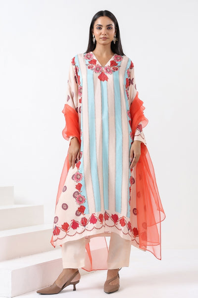 Ivory & Aqua Printed Embroidered Kurta Set