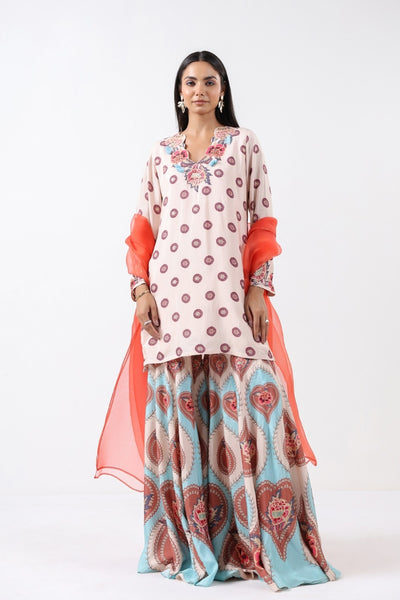 Ivory & Aqua Printed Embroidered Sharara Set