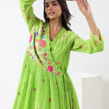 Lime Green Embroidered Applique Wrap Dress