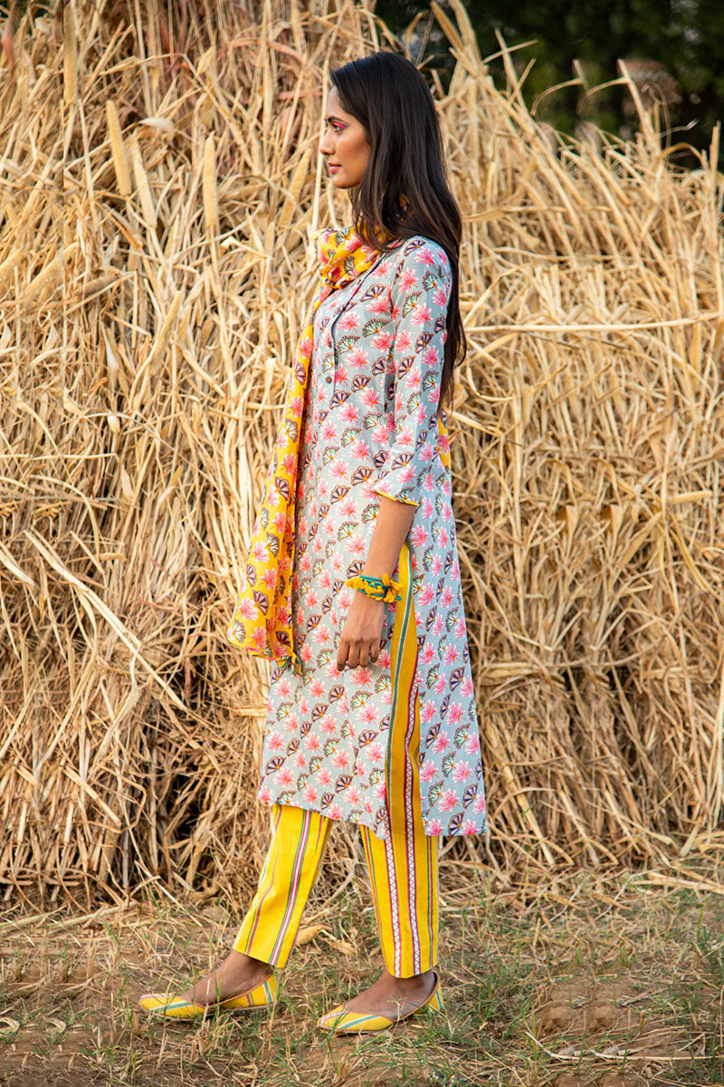 Printed Diagonal Grey Chanderi Straight Kurta