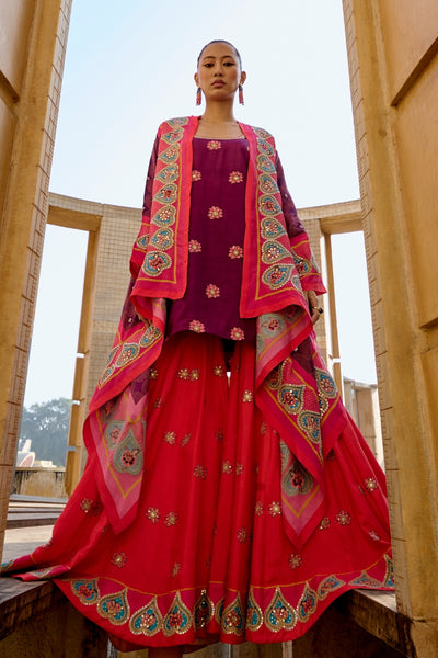 Purple & Red Printed Embroidered Chintz Sharara Set