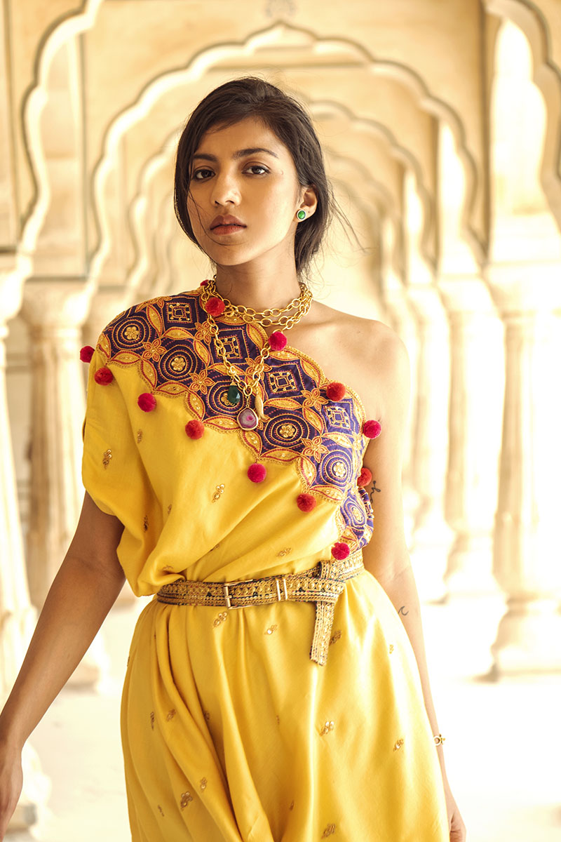 Yellow & Purple Appliqué Hand-Embroidered Cape Set