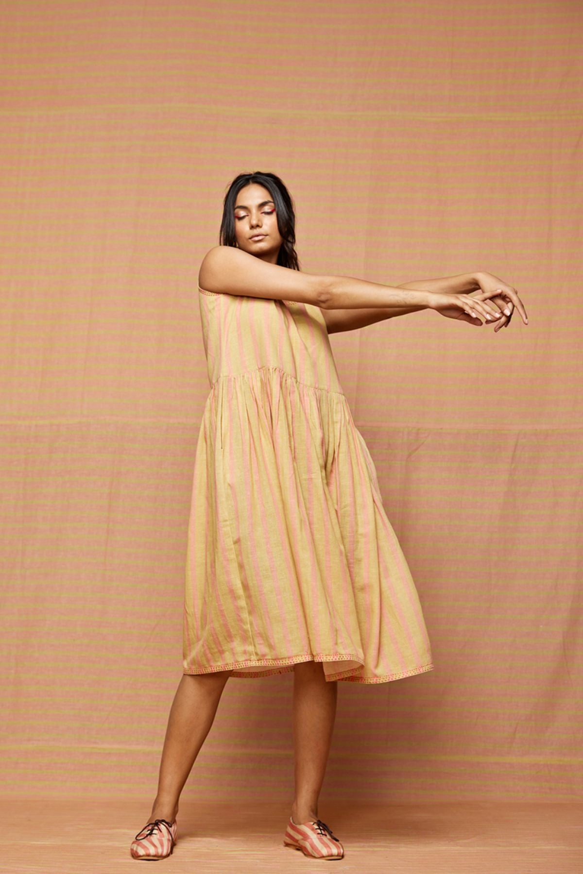 Block Printed Striped Gathered Dress with Pockets