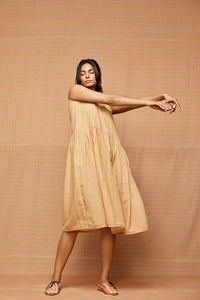 Block Printed Striped Gathered Dress with Pockets