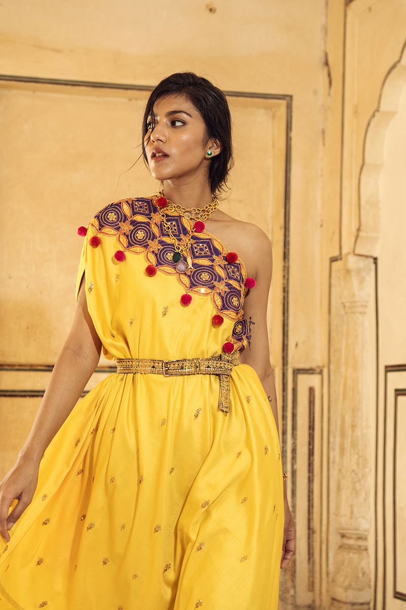 Yellow & Purple Appliqué Hand-Embroidered Cape Set