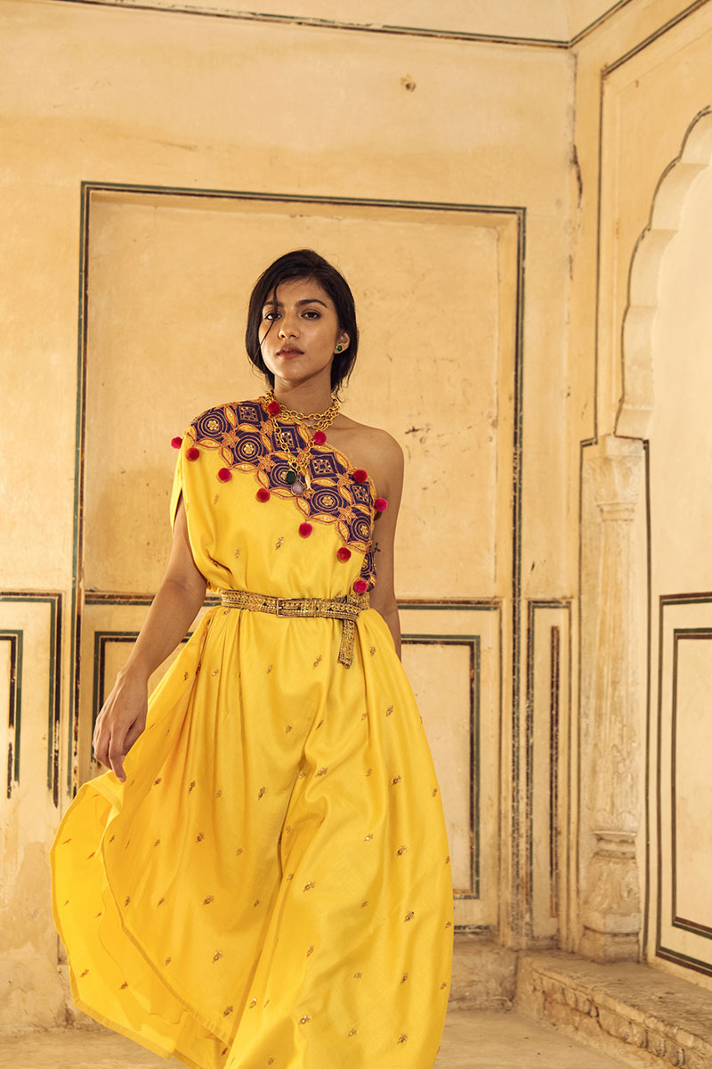 Yellow & Purple Appliqué Hand-Embroidered Cape Set