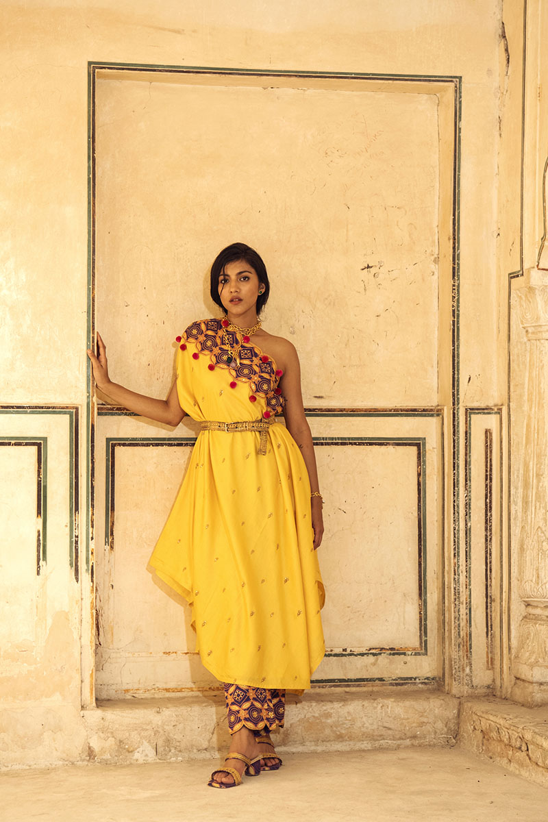 Yellow & Purple Appliqué Hand-Embroidered Cape Set