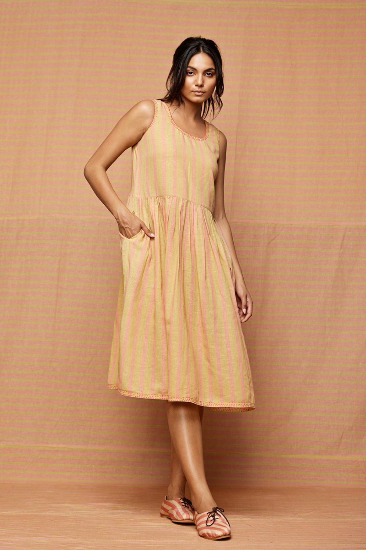 Block Printed Striped Gathered Dress with Pockets