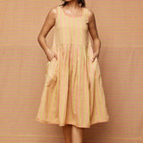 Block Printed Striped Gathered Dress with Pockets