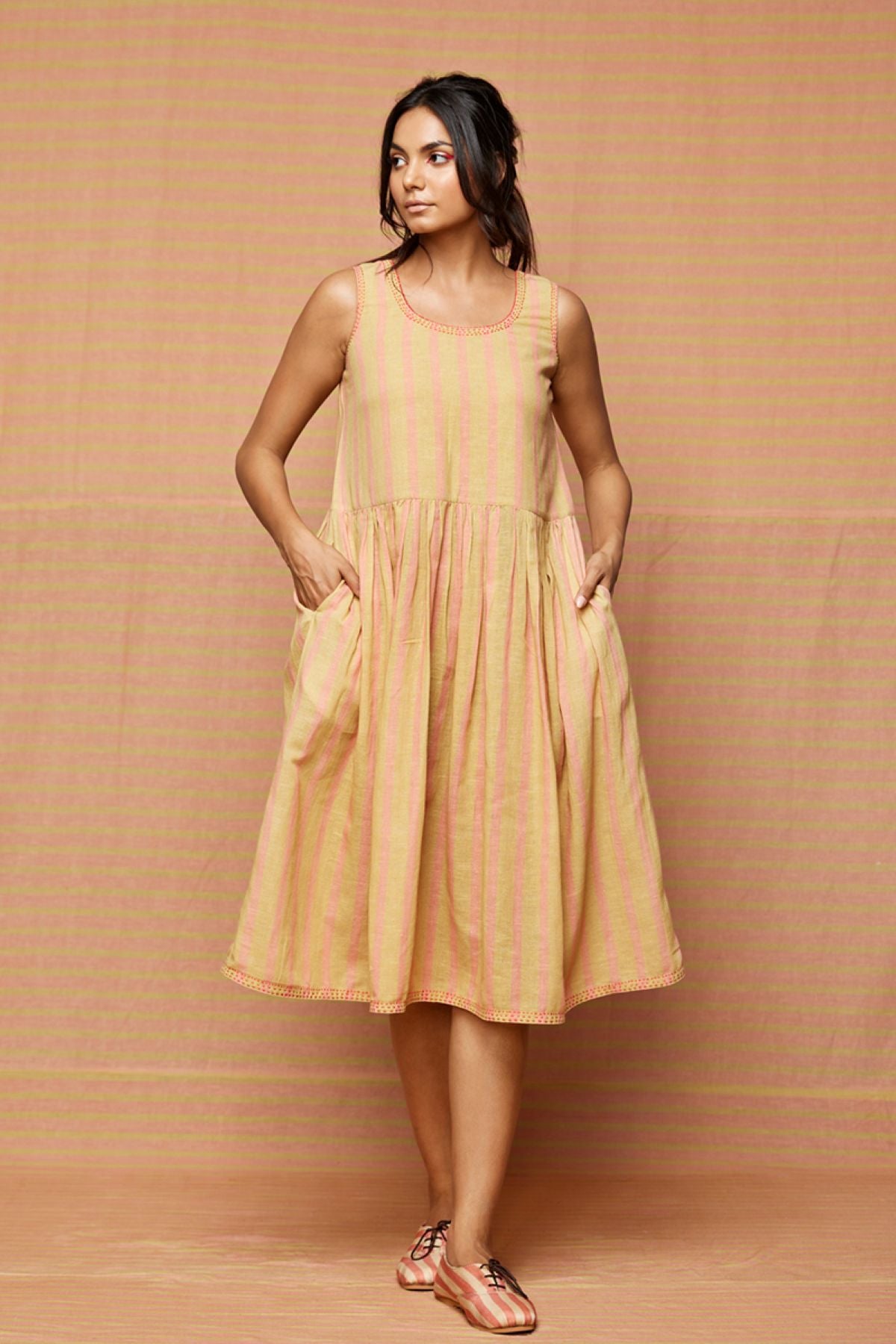 Block Printed Striped Gathered Dress with Pockets