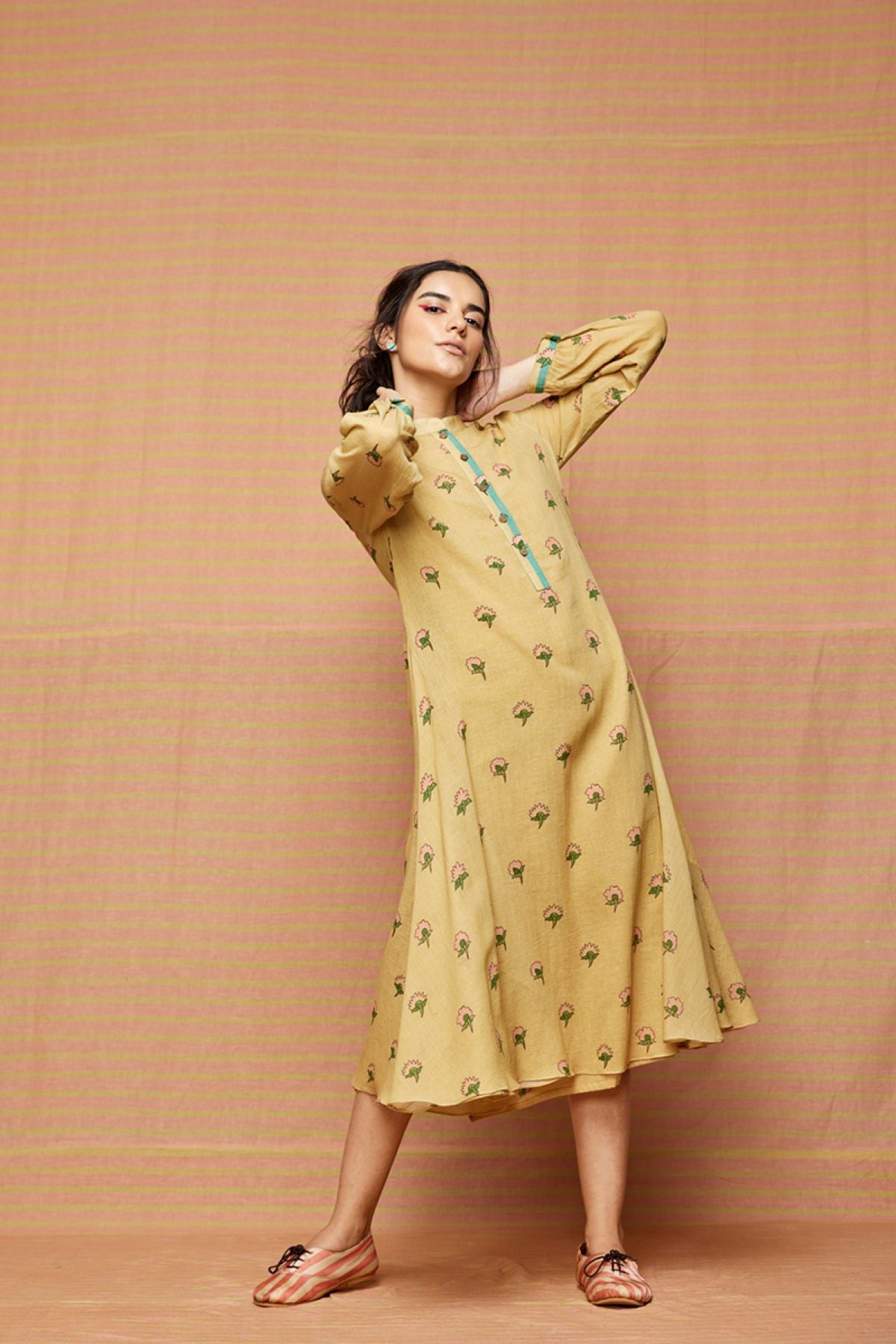 Block Printed Beige with Multi Buti Round Hem Dress & Kurta