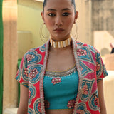 Ivory & Aqua Printed Embroidered Chintz Skirt Set