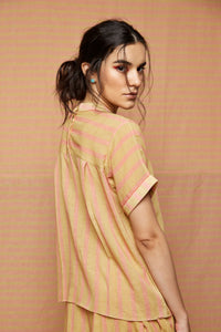 Block Printed Beige with Rose Pink Striped Top