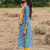 Printed Diagonal Turquoise Chanderi Straight Kurta
