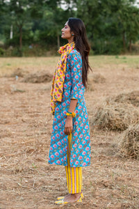 Printed Diagonal Turquoise Chanderi Straight Kurta