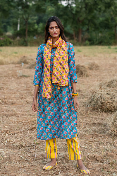 Printed Diagonal Turquoise Chanderi Straight Kurta