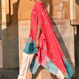 Red & Aqua Printed Embroidered Chintz Kaftan Set