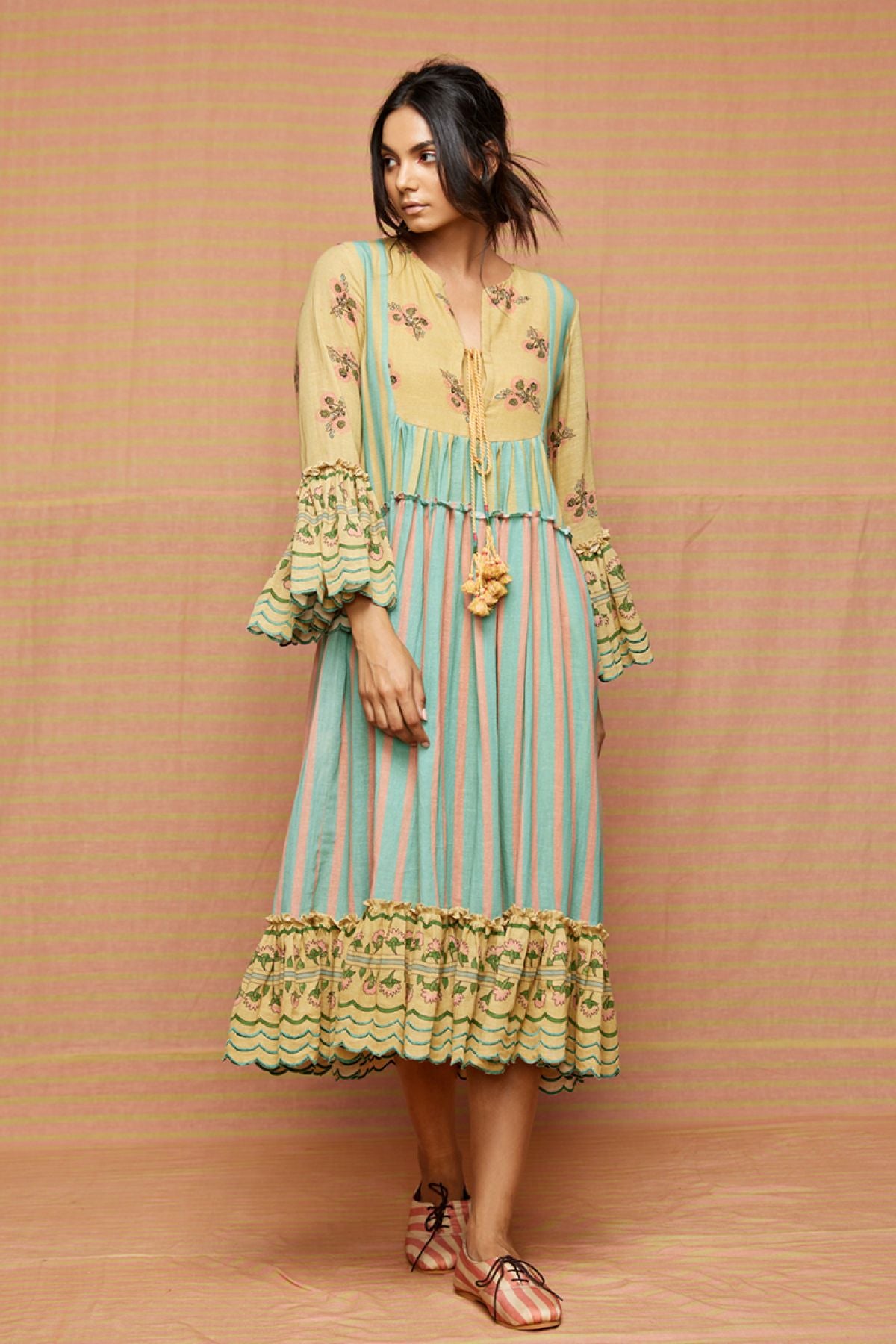 Block Printed Multi Floral Tiered Dress