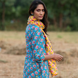 Printed Diagonal Turquoise Chanderi Straight Kurta