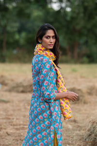 Printed Diagonal Turquoise Chanderi Straight Kurta