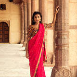 Pink Hand-Embroidered Chanderi Silk Saree with Burgundy Blouse
